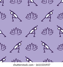 Stick figure lunge yoga pose with lotus flower seamless vector pattern. Hand drawn peace zen and wellness background. Physical exercise fitness home decor. Health aerobics all over print. 