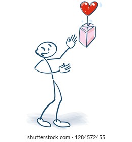 Stick figure makes a package with a heart that rises in the air