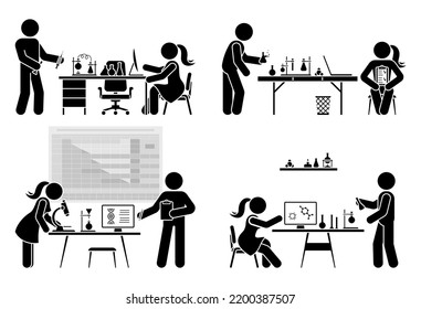 Stick figure male and female chemist making scientific research in chemistry laboratory class room vector icon pictogram