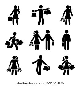 Stick figure male and female holding shopping bags vector icon pictogram. Seasonal sale, black friday happy people with purchase