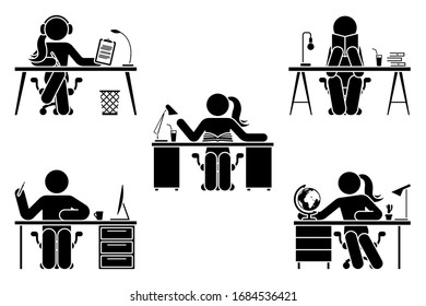 Stick figure male and female study, learn lesson at school 