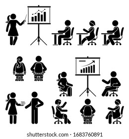 Stick figure male, female teaching, training  course people silhouette