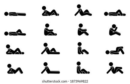 Stick figure male lie down various positions vector illustration icon set. Man person sleeping, laying, sitting on floor, ground side view silhouette pictogram