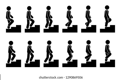 Stick figure male on stairs icon set. Vector man walking step by step sequence pictogram