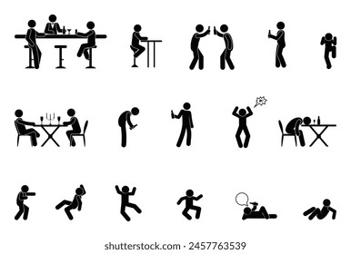 stick figure man, alcohol icon, drunk people resting, alcoholism pictogram isolated, stickman set