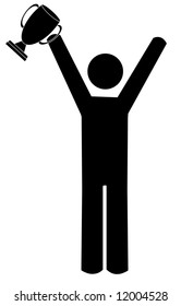 Stick Figure Or Man With Arms Up Holding Trophy - Vector