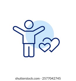 Stick figure man with arms raised in celebratory gesture and intertwined hearts. Finding love, romantic relationships. Wedding, anniversary on firs date. Pixel perfect, editable stroke icon