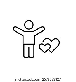 Stick figure man with arms raised in celebratory gesture and intertwined hearts. Finding love, romantic relationships. Wedding, anniversary on firs date. Pixel perfect vector icon