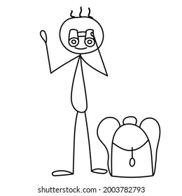 stick figure man with backpack and binoculars, isolated, vector