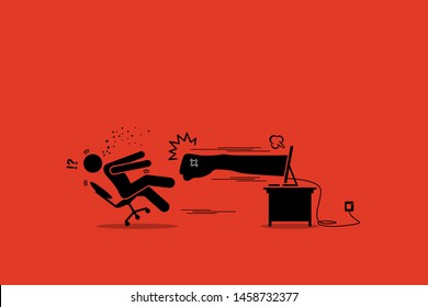 Stick figure man being punched by an angry hater fist flying out from the computer monitor screen. Vector artwork concept depicts social media, anger, cyberbully, hate, Internet, and harm. 