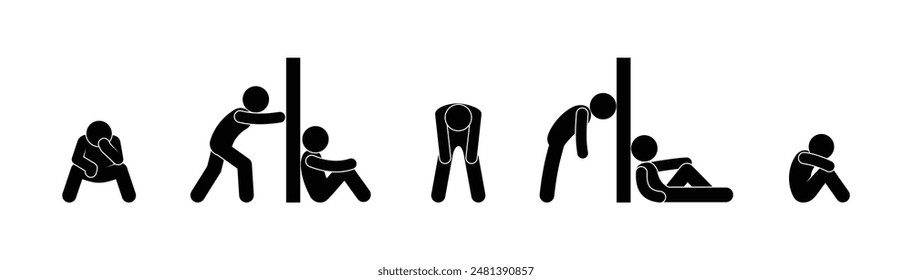 stick figure man bent over icon, sad people, apathy, depression, human silhouette sitting