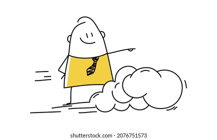 Stick figure man, businessman flies in the sky on a cloud. Doodle style. Vector illustration.