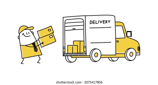 Stick figure man with cardboard boxes. Delivery truck with cardboard boxes. Delivery service concept. Doodle style. Vector illustration.