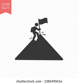 Stick figure a man climbs a mountain peak with a flag silhouette icon.