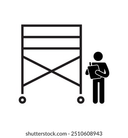 Stick figure of a man conduct safety inspection for moveable scaffolding. Black and white vector illustration.