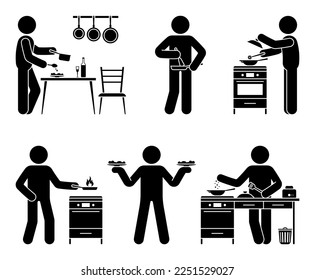 Stick figure man cooking at home kitchen vector illustration set. Stickman person getting ready to eat icon pictogram
