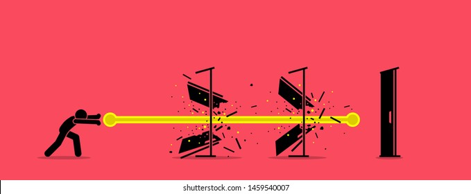 Stick Figure Man Destroying All Door With An Energy Fireball Power. Vector Artwork Concept Depict Overcome Challenges, Dealing With Difficulty, Solving Obstacles, And Going Through Barrier Of Entry.