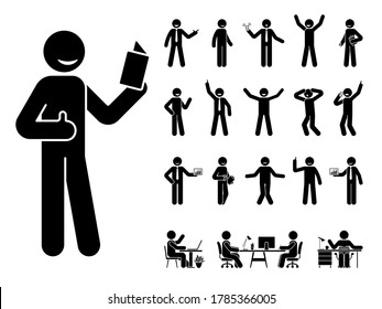 Stick figure man different poses, emotions face design vector icon set. Reading, talking, happy, sad, surprised, amazed, angry, standing, sitting at office stickman person