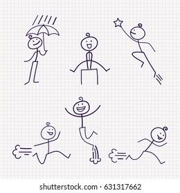 Stick figure of man with different poses of jumping, winning and running. Hand drawn vector illustration