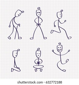 Stick figure of man with different poses of jumping, walking, running, standing, sitting, akimbo and meditation. Hand drawn vector illustration