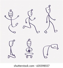 Stick figure of man with different poses of jumping, walking, running, bowing down, sitting and meditation. Hand drawn vector illustration