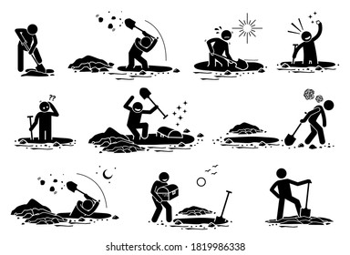 Stick Figure man digging hole. Vector illustrations of a stickman dig hole, found gold treasure, bury chest box, and disappointed because he finds nothing.