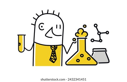 Stick figure, man do research in the lab. Cartoon style. Vector illustration.