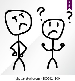 Stick figure man does not know on the white, light backgroung, vector