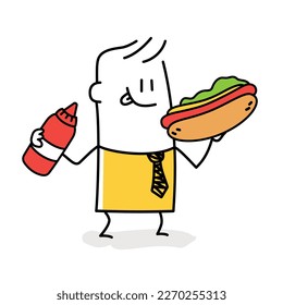 Stick figure. Man eats a hot dog and holds ketchup. Doodle style. Vector illustration.