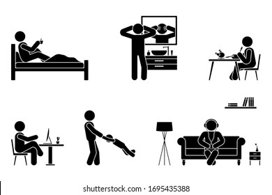 Stick Figure Man Everyday Life Time Activities Vector Icon Set. Sleep, Drink Coffee, Wash Face, Eat, Sit At Desk, Work, Study, Play With Child, Listen To Music On Couch, Use Desktop Pictogram