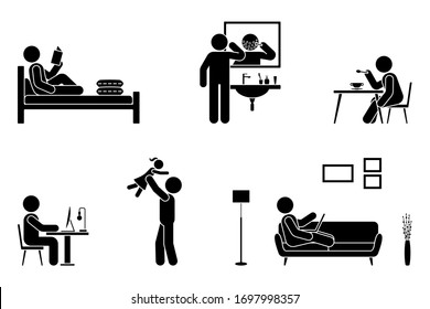 Stick Figure Man Everyday Life Time Activities Vector Illustration Icon Set. Read Book, Shave Face, Eat, Sit At Desk, Work, Study, Play With Child, Use Laptop On Sofa Pictogram