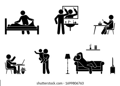 Stick figure man everyday life time activities vector icon set. Making bed, brushing hair, eating, sitting at desk, working, studying, playing with child, resting, relaxing on sofa pictogram