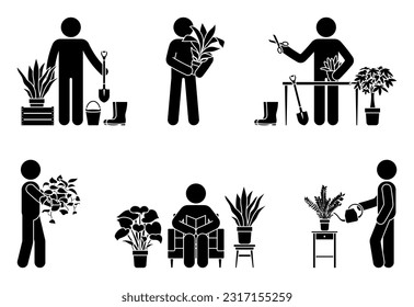 Stick figure man gardening home flowers vector set. Stickman person house planting icon pictogram