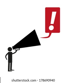  Stick figure man with giant megaphone and exclamation mark vector. Editable Clip Art.