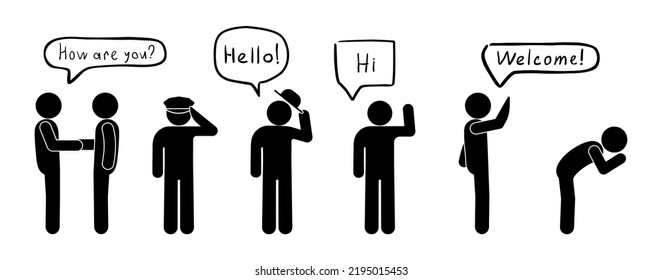 stick figure man hello, greeting bubble set, icon people say hello, hi, welcome