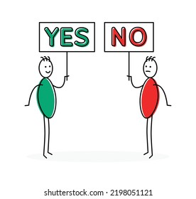 Stick Figure Man Holding Yes And No Sign. Vector Illustration.