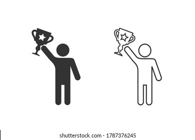 Stick figure man holds cup, winner line icon set, people pictogram. Vector illustration