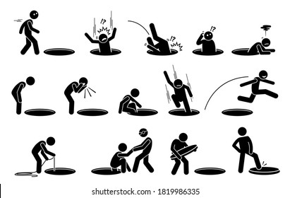 Stick Figure Man And A Hole On The Floor. Vector Illustrations Of A Person Fall Into, Climbing Out, Look Into, Go Inside, Jump Over, And Cover A Hole On The Ground. 