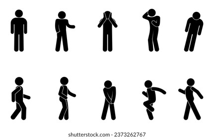 stick figure man icon, basic poses, set of human silhouettes