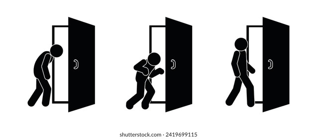 stick figure man icon, door illustration, entrance symbol set