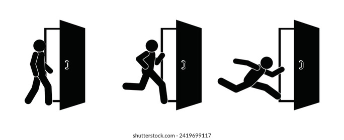 stick figure man icon, door illustration, entrance symbol set