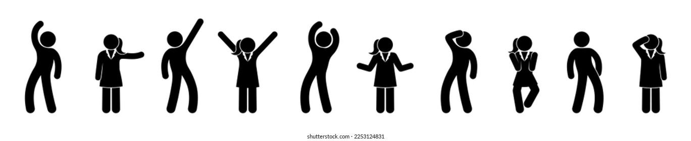 stick figure man icon, gestures and poses, man and woman, emotions illustration