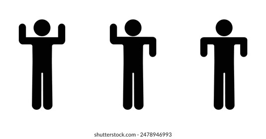 stick figure man icon, hand gestures, hands up and down