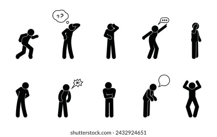 stick figure man icon, human silhouettes, people vector illustration, isolated on white, basic poses and gestures