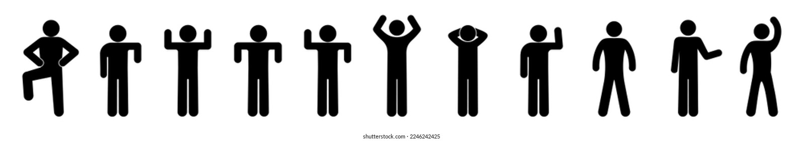 stick figure man icon, isolated human silhouettes, set of various poses and gestures