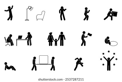 stick figure man icon, isolated stickman, people silhouettes, different situations, human gestures and poses