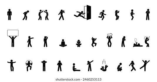 stick figure man icon, large set of stickman, people standing, sitting, walking