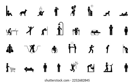stick figure man icon, people stand, lie, sit and walk, set of isolated human silhouettes