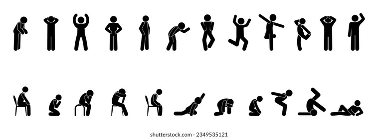 stick figure man icon, people stand, walk, sit, dance, set of human isolated silhouettes