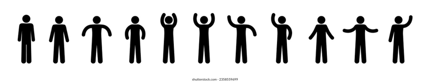 stick figure man icon, people waving their hands, human silhouettes isolated, basic poses set